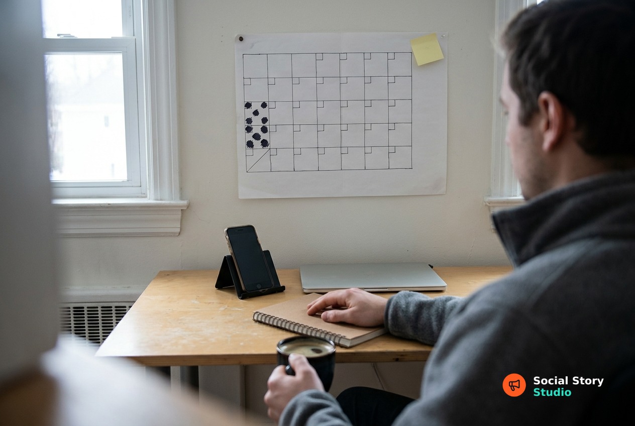 A calm over-the-shoulder shot of one person at a small home desk in cool window light, a mostly blank ruled paper month grid filling the plain wall above them.